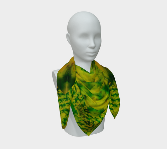 Bright yellow jade and green Purely Jade Light silk art scarf draped on a mannequin, showing a softer layered mineral field by RJSTH.