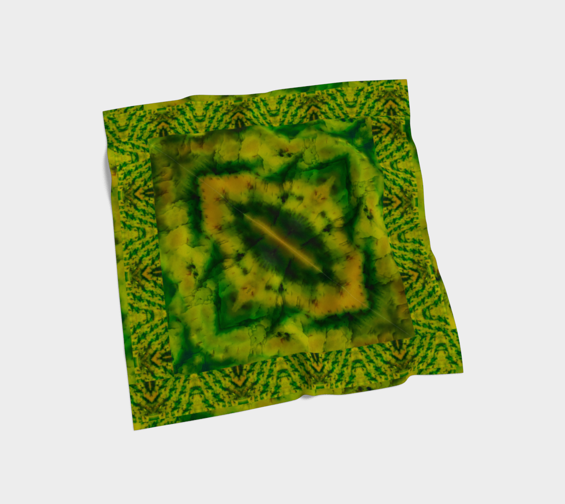 Yellow-gold and green Purely Jade Light silk art scarf laid flat, showing a framed repeated cellular field by RJSTH.