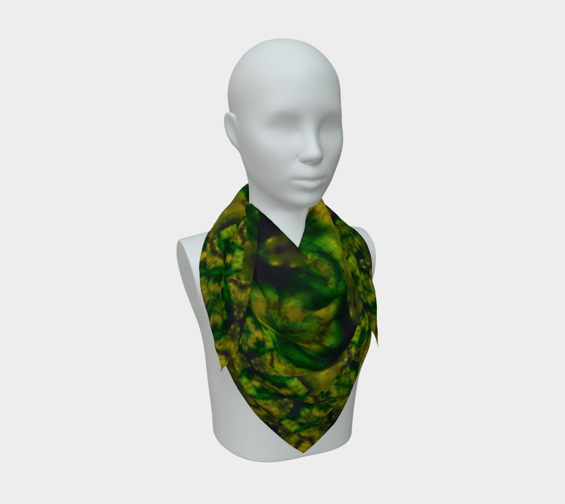 Deep green, yellow-gold, and muted violet Purely Jade Light silk art scarf draped on a mannequin, showing an inward marbled field by RJSTH.