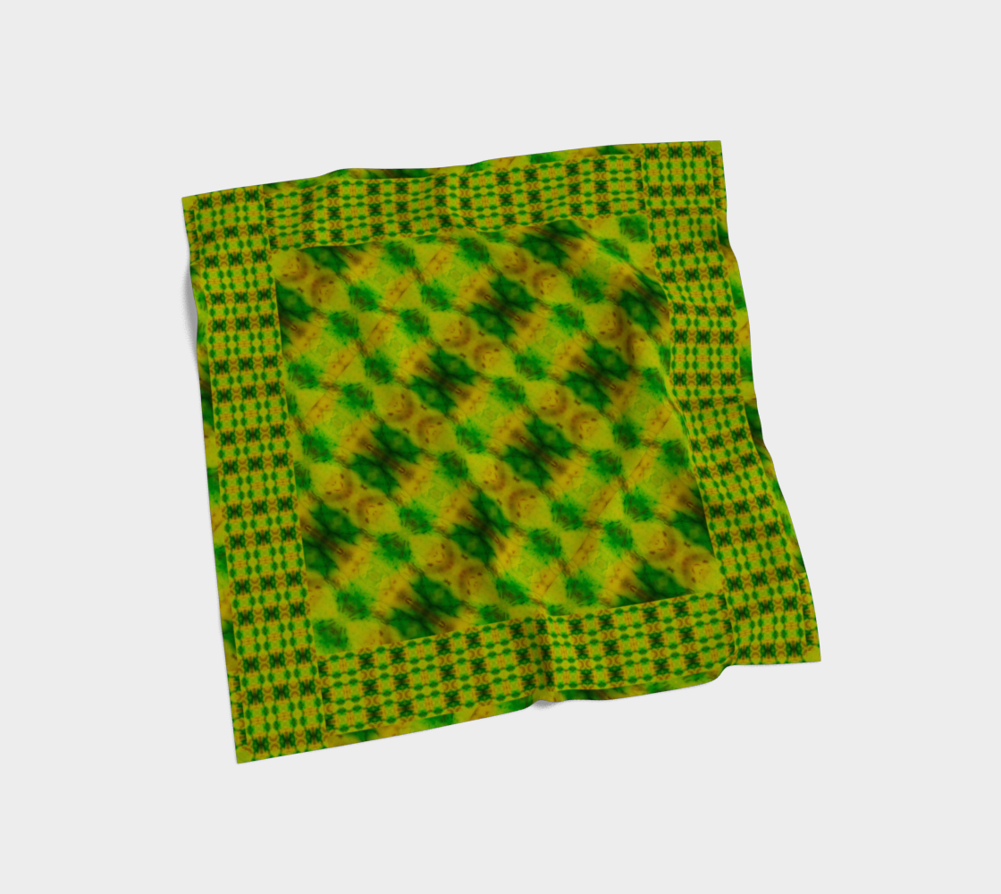 Yellow jade and green Purely Jade Light silk art scarf laid flat, showing a framed medallion-lattice field by RJSTH.