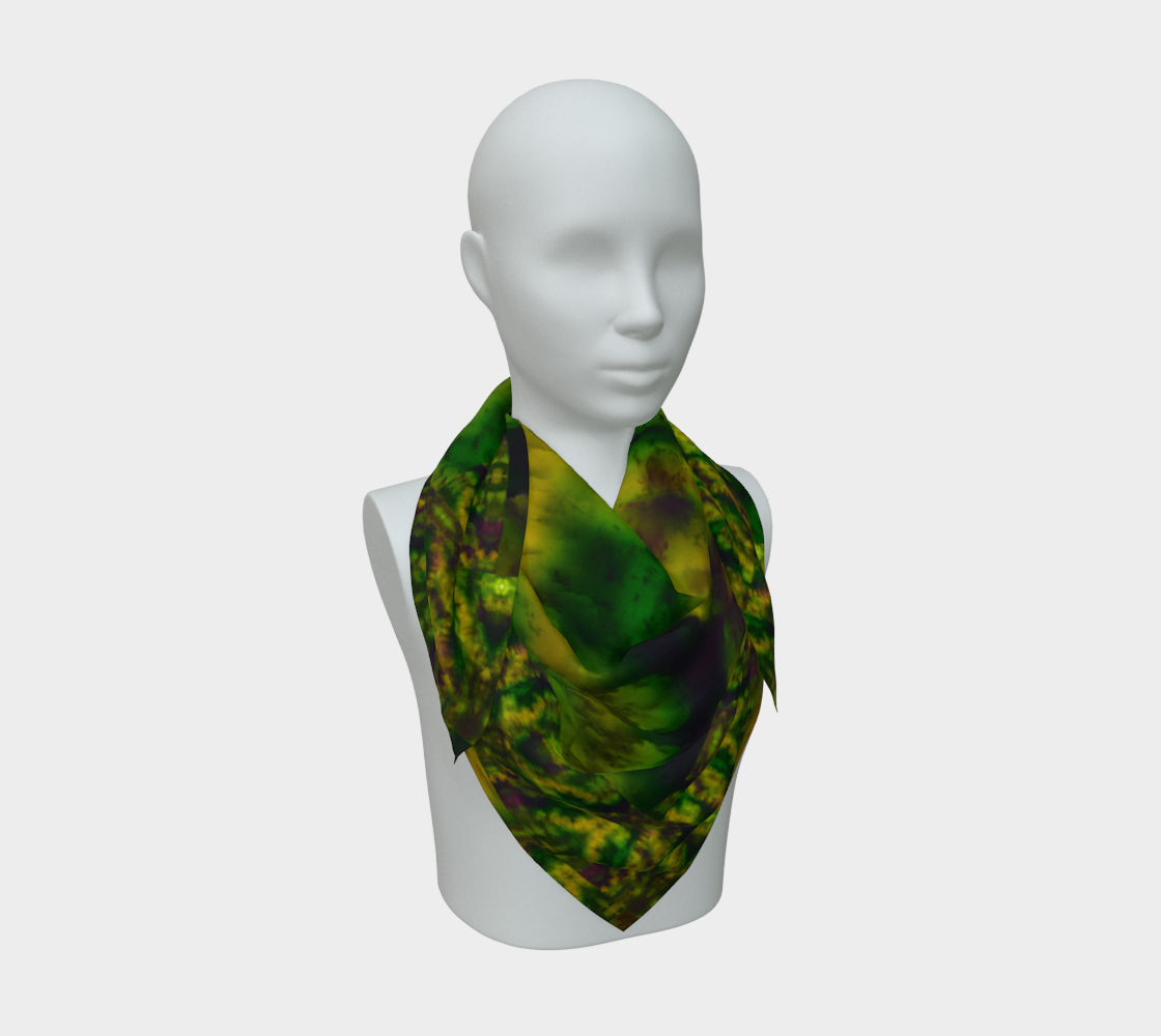 Deep green, yellow-gold, and muted violet Purely Jade Light silk art scarf draped on a mannequin, showing an inward marbled field by RJSTH.