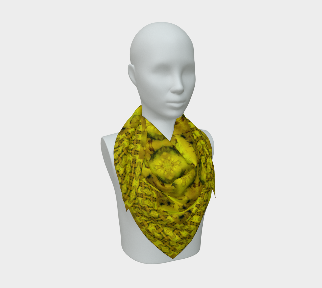 Yellow jade, brown-gold, and green Purely Jade Light silk art scarf draped on a mannequin, showing a faceted central mineral field by RJSTH.