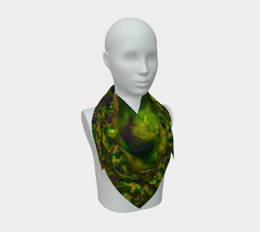 Yellow-gold, deep green, and muted violet Purely Jade Light silk art scarf draped on a mannequin, showing a chambered mineral field by RJSTH.