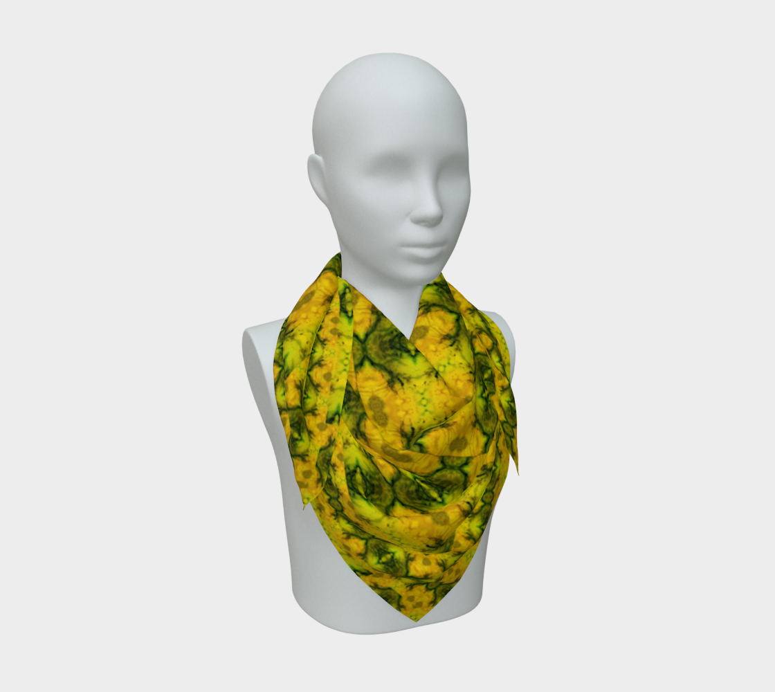 Bright yellow jade and green Purely Jade Light silk art scarf draped on a mannequin, showing a faceted mineral field by RJSTH.
