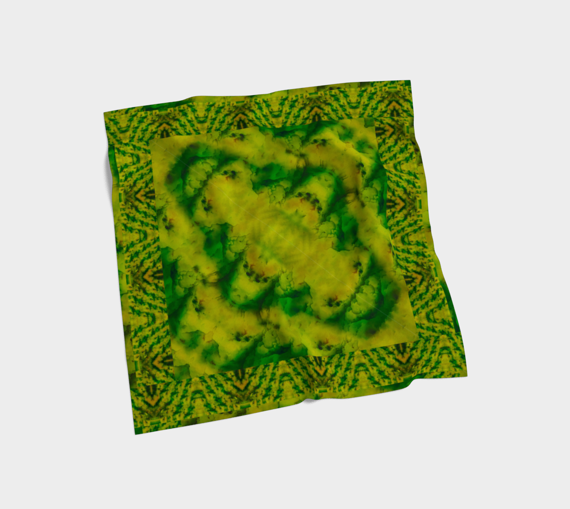 Yellow jade and green Purely Jade Light silk art scarf laid flat, showing a soft central field with patterned border by RJSTH.