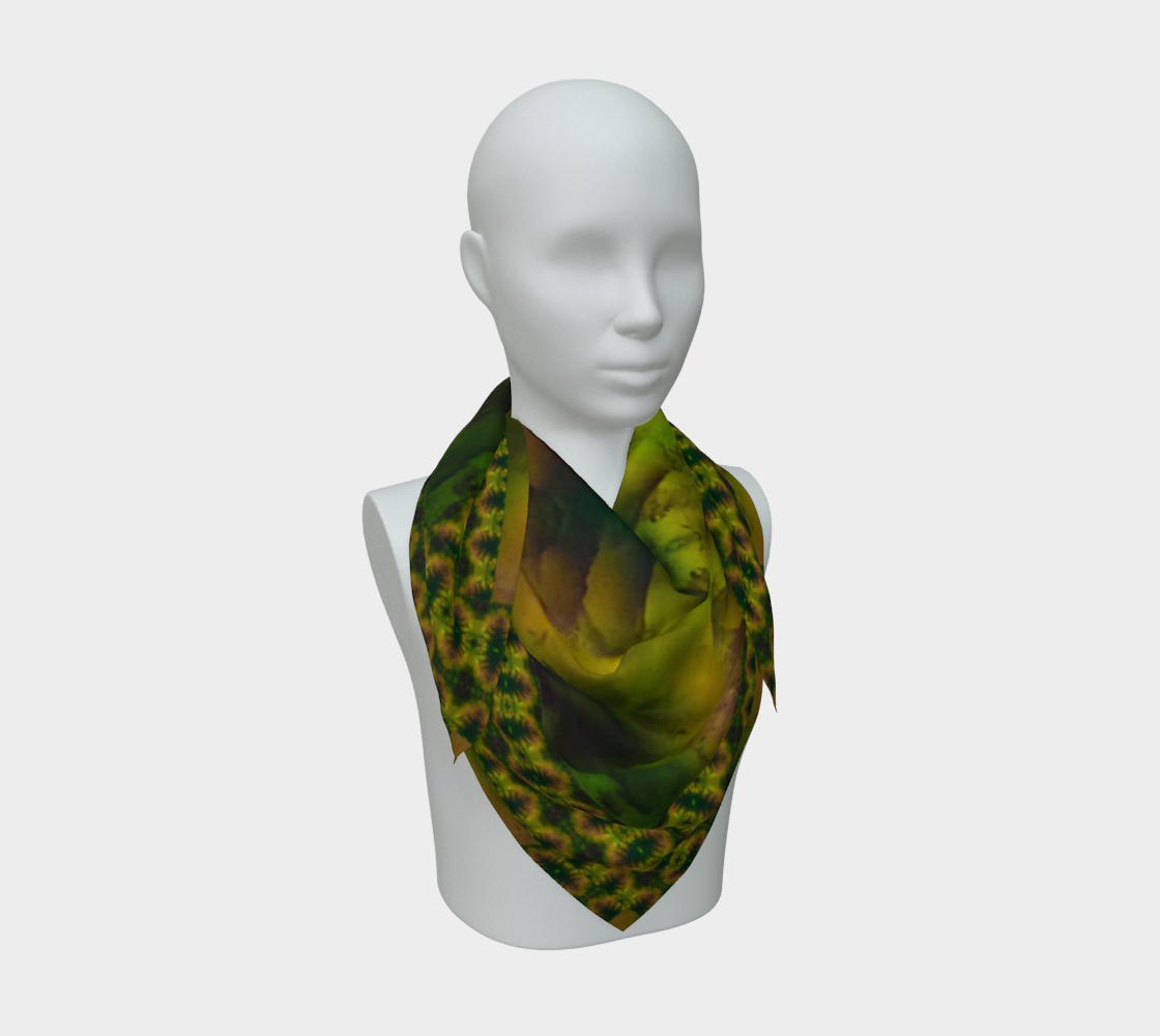 Bright yellow-green and dark green Purely Jade Light silk art scarf draped on a mannequin, showing a striped lattice field by RJSTH.