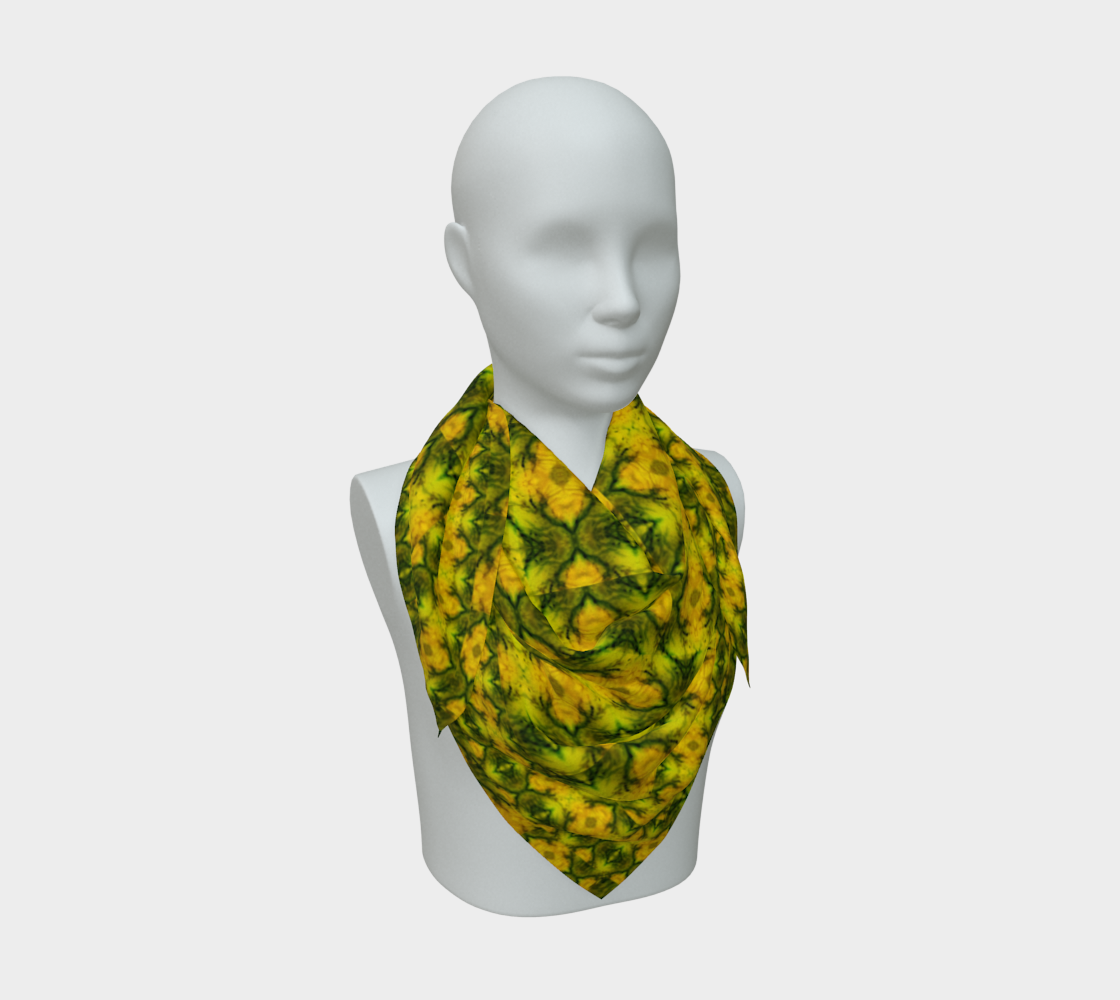 Yellow jade and deep green Purely Jade Light silk art scarf draped on a mannequin, showing a chambered mineral-jade field by RJSTH.