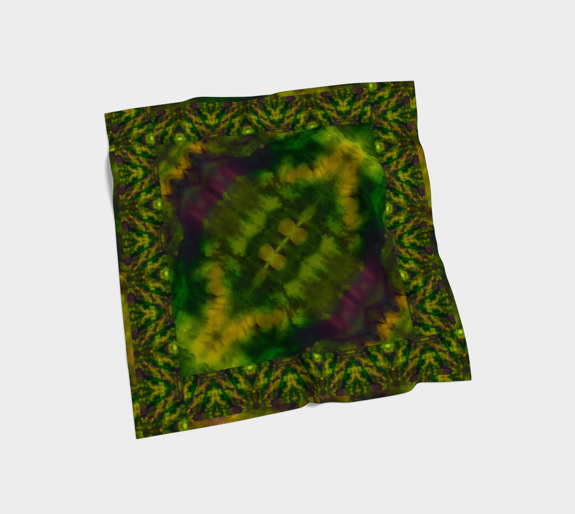 Deep green, yellow-gold, and muted violet Purely Jade Light silk art scarf laid flat, showing a framed central field with patterned border by RJSTH.