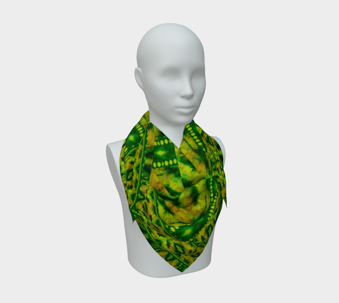 Yellow-gold and vivid green Purely Jade Light silk art scarf draped on a mannequin, showing a soft central mineral field with border cues by RJSTH.
