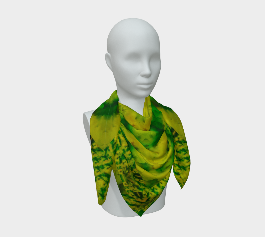 Yellow jade and green Purely Jade Light silk art scarf draped on a mannequin, showing a directed layered mineral field by RJSTH.