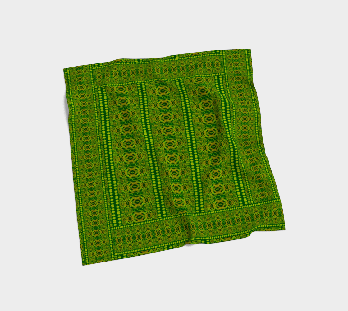 Yellow-green and deep green Purely Jade Light silk art scarf laid flat, showing a framed ceremonial panel with vertical patterned bands by RJSTH.