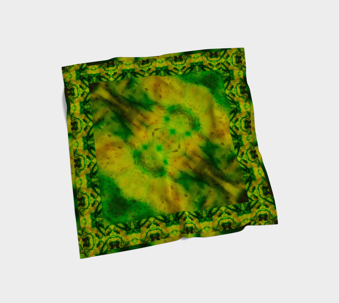 Yellow jade and green Purely Jade Light silk art scarf laid flat, showing a framed central field with patterned border by RJSTH.
