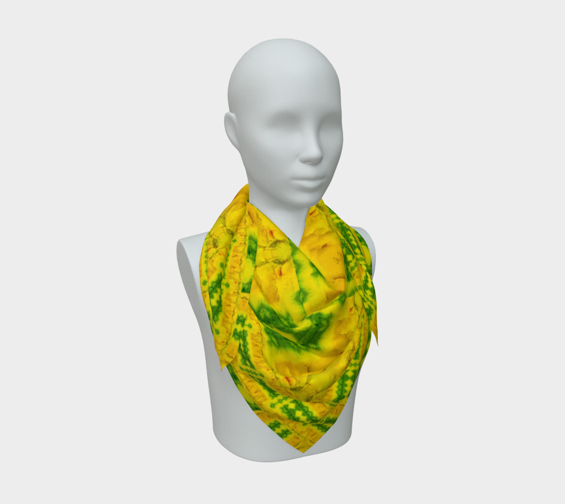 Bright yellow jade and green Purely Jade Light silk art scarf draped on a mannequin, showing a banded central field by RJSTH.
