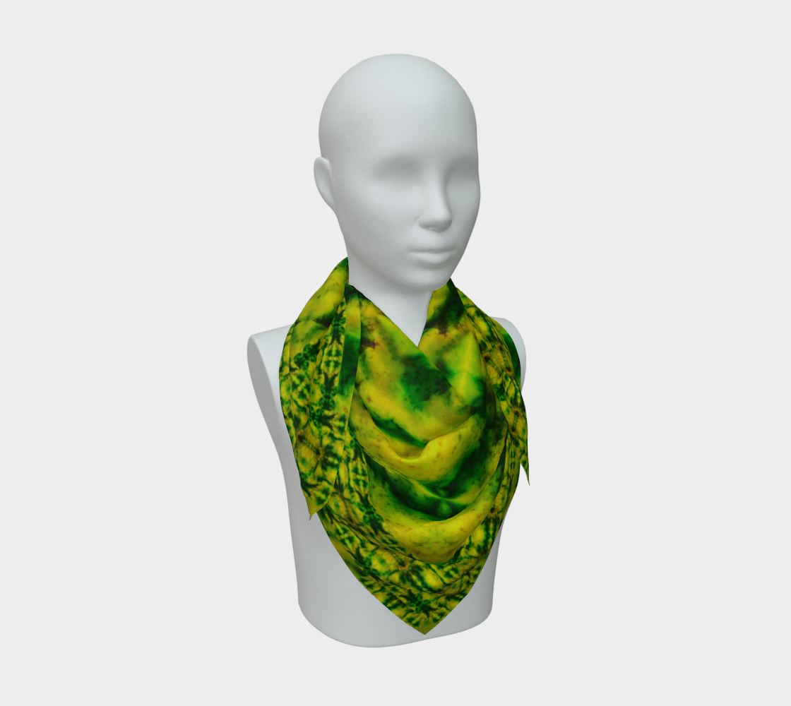 Yellow jade and green Purely Jade Light silk art scarf draped on a mannequin, showing a luminous mineral-panel field by RJSTH.