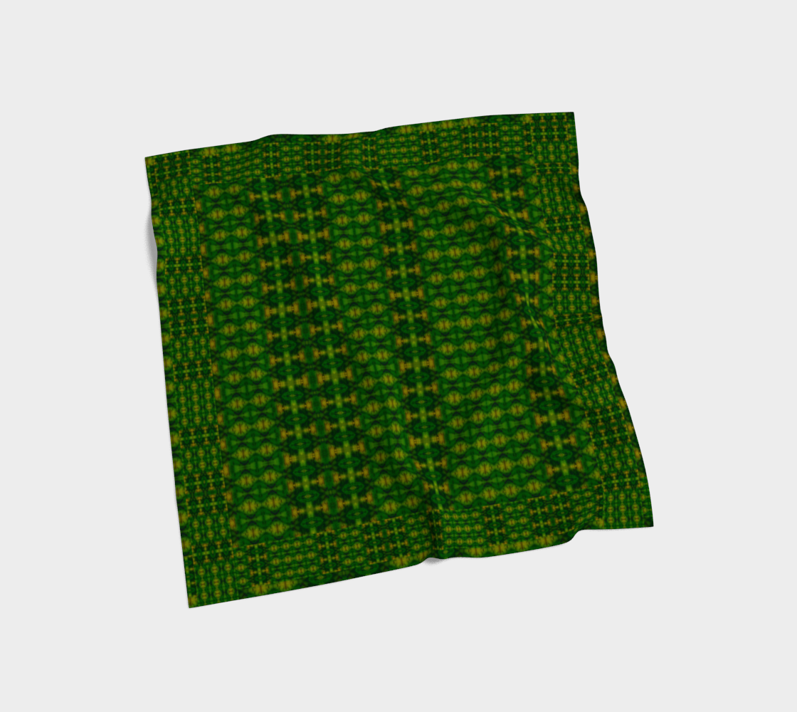 Green jade and yellow-gold Purely Jade Light silk art scarf laid flat, showing a dense repeat lattice field by RJSTH.