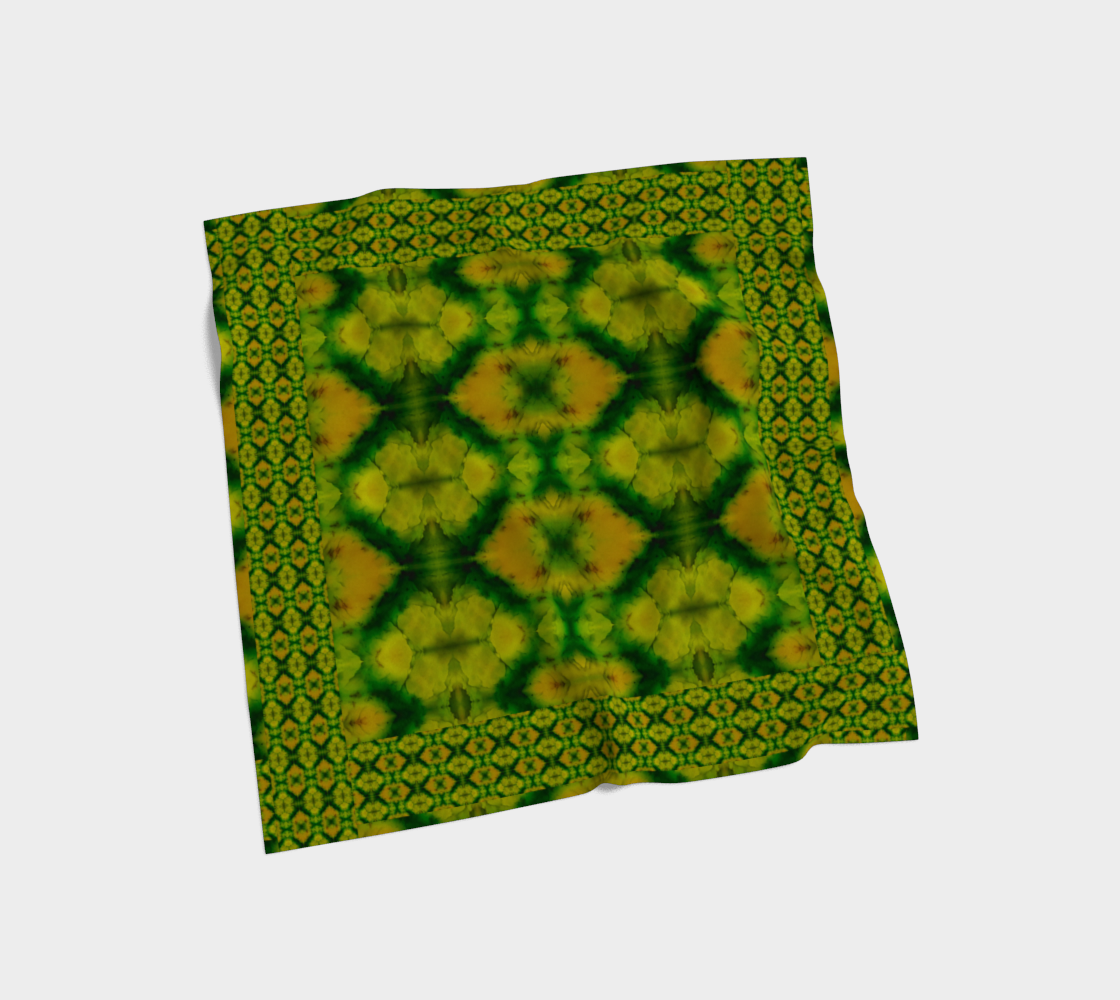 Yellow-green and green Purely Jade Light silk art scarf laid flat, showing a framed central medallion-panel with patterned border by RJSTH.