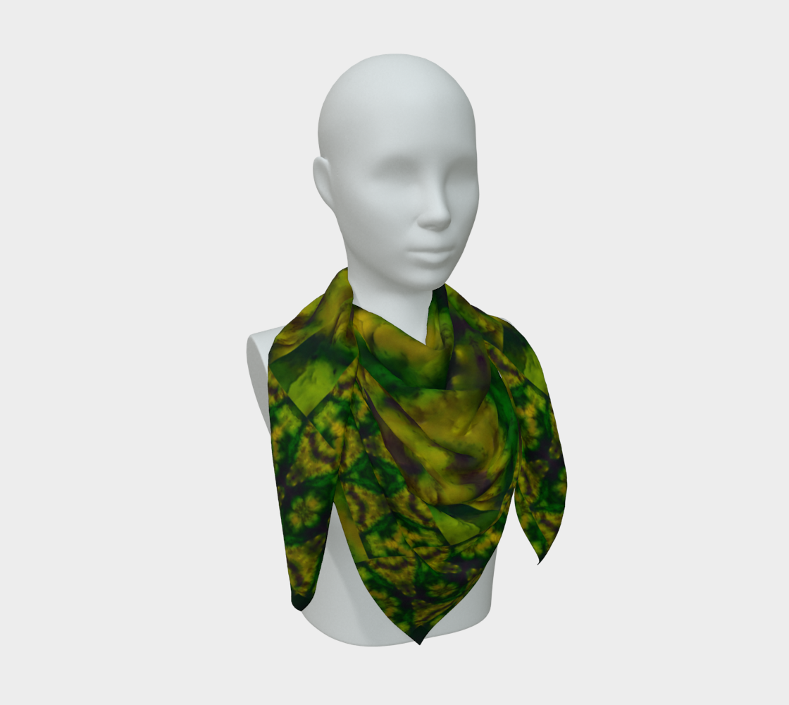 Deep green jade and yellow-gold Purely Jade Light silk art scarf draped on a mannequin, showing a stronger chambered mineral field by RJSTH.