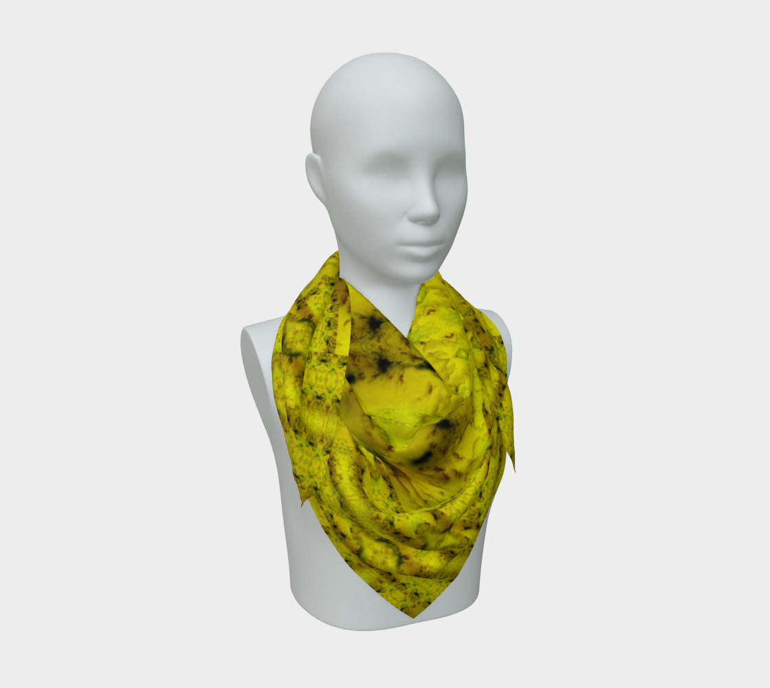 Bright yellow jade and green Purely Jade Light silk art scarf draped on a mannequin, showing a banded medallion-lattice field by RJSTH.