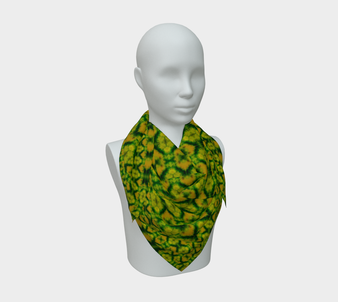 Green jade and gold Purely Jade Light silk art scarf draped on a mannequin, showing a clustered botanical-mineral field by RJSTH.