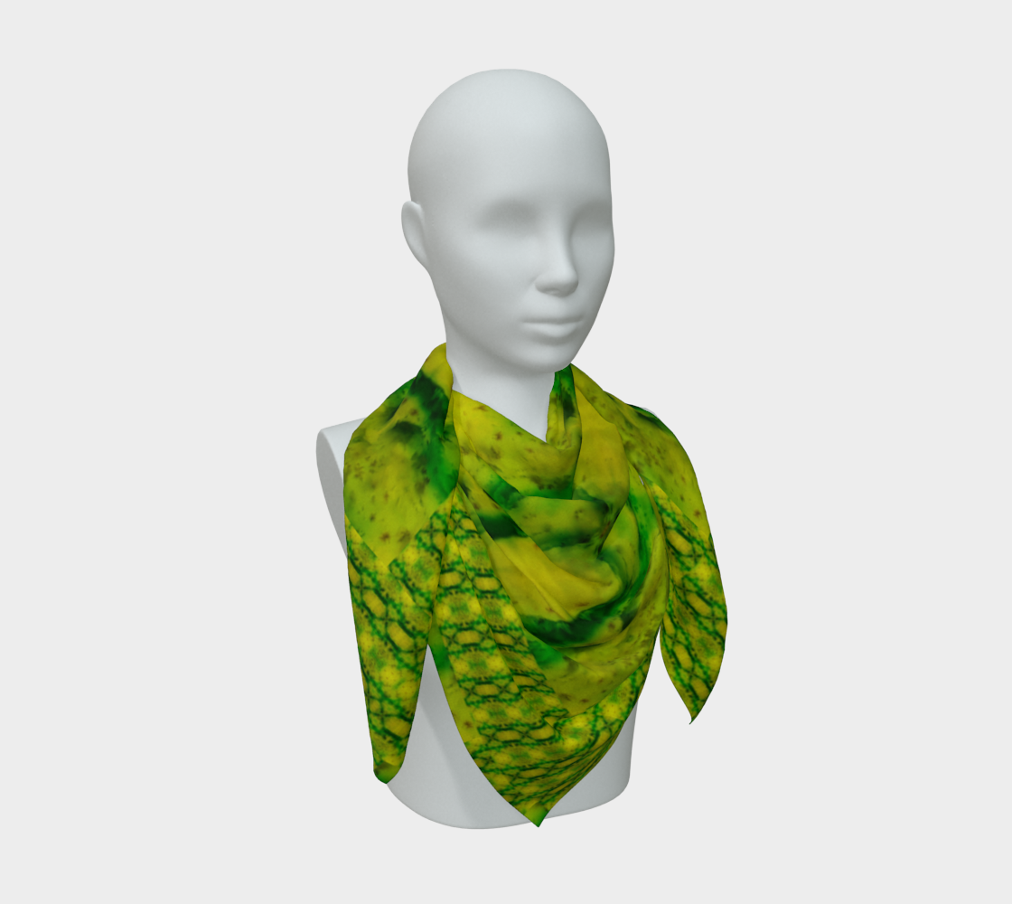 Yellow jade and vivid green Purely Jade Light silk art scarf draped on a mannequin, showing a brighter banded-panel field by RJSTH.