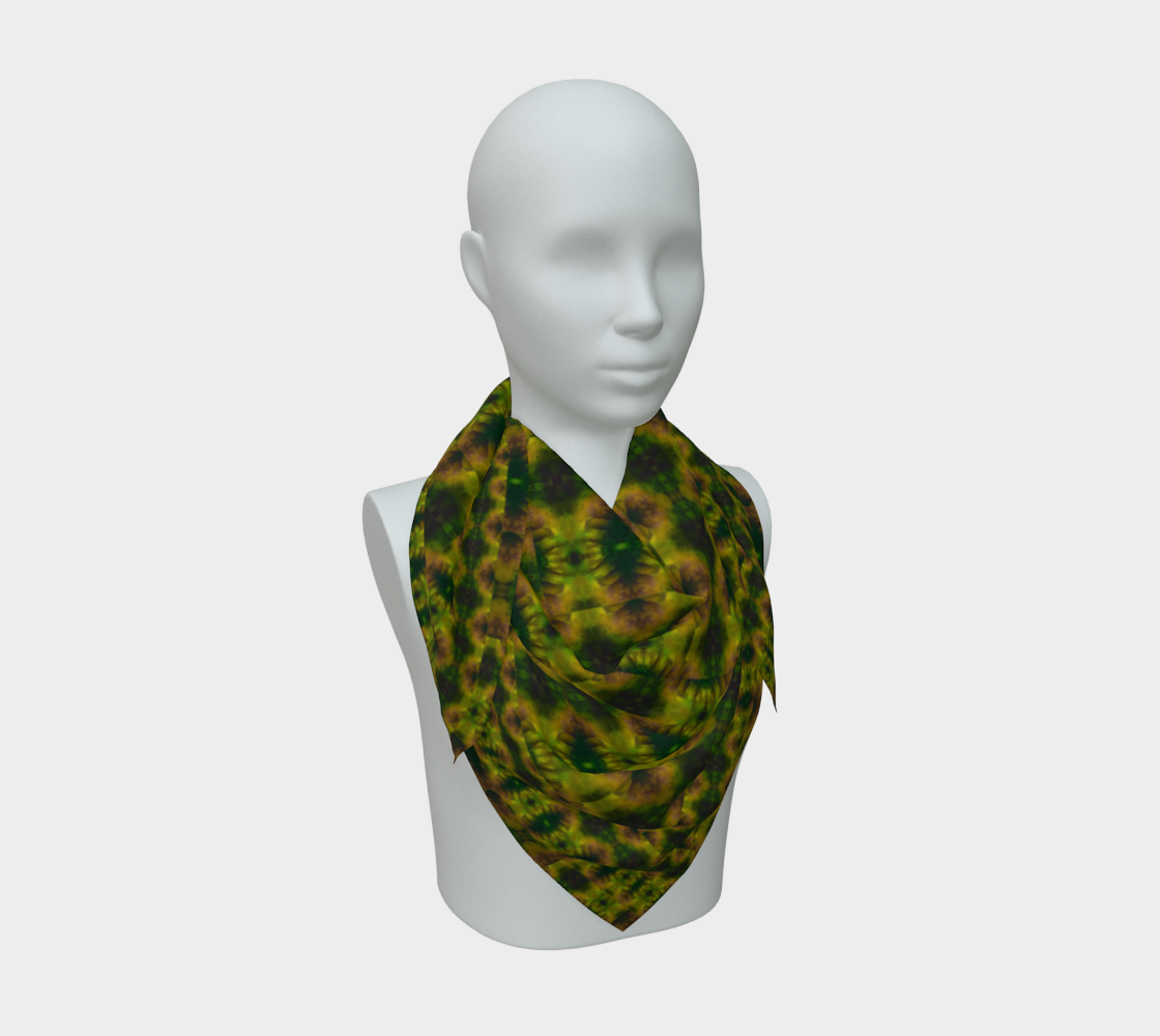 Deep green jade and gold Purely Jade Light silk art scarf draped on a mannequin, showing an oval mineral-repeat field by RJSTH.