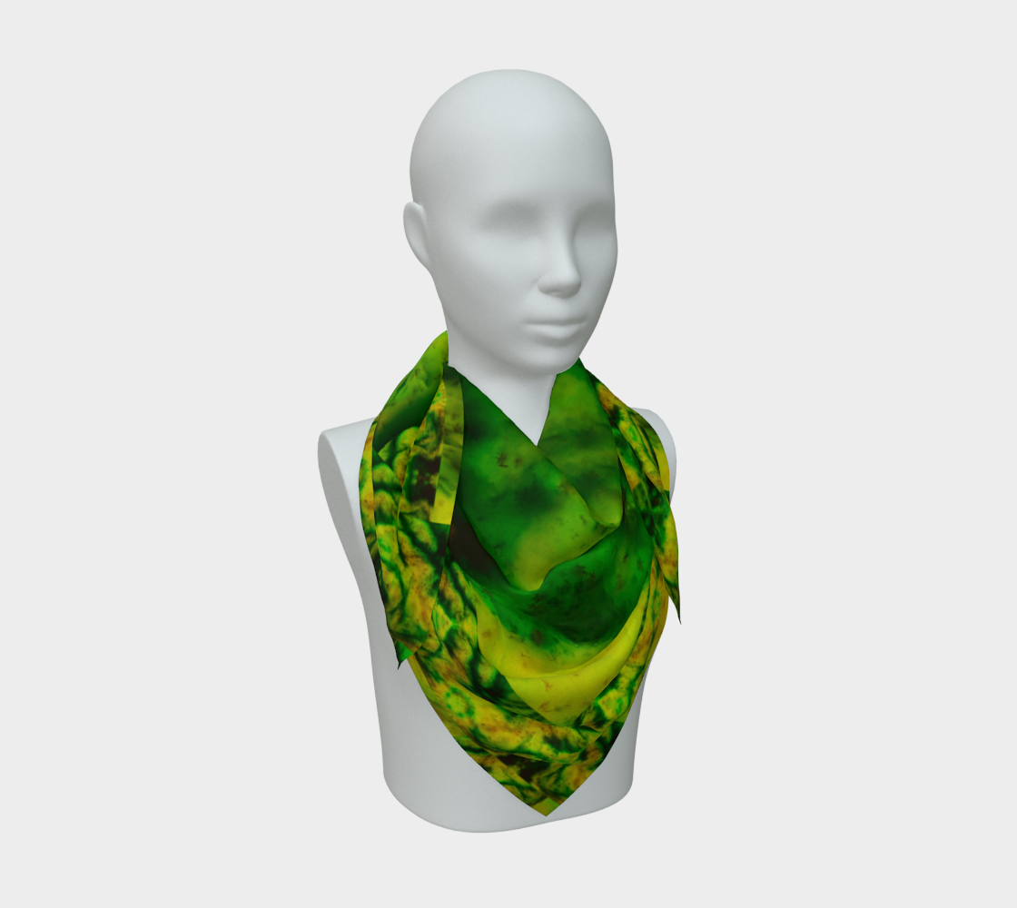 Yellow jade and deep green Purely Jade Light silk art scarf draped on a mannequin, showing a soft marbled mineral field by RJSTH.