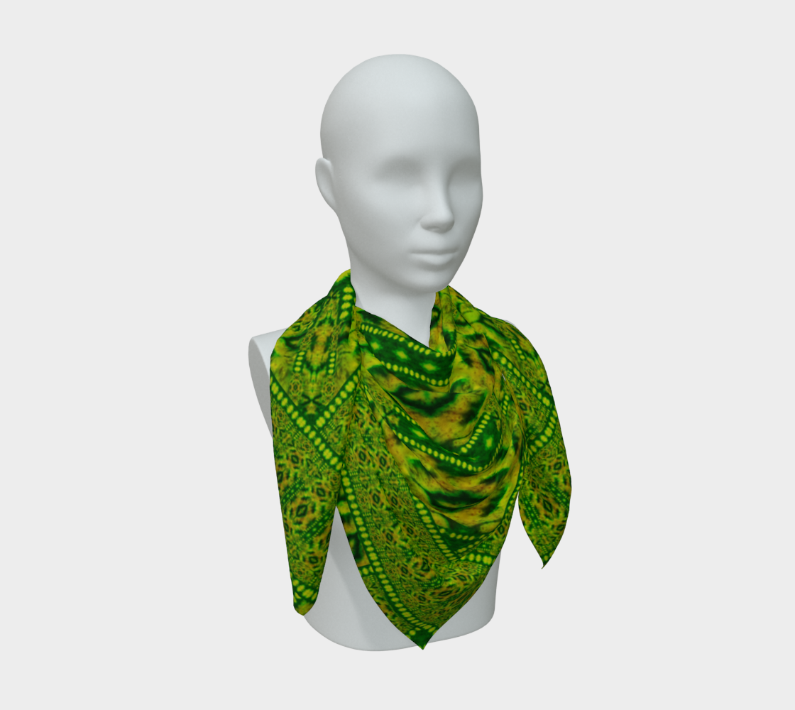 Green jade and yellow-gold Purely Jade Light silk art scarf draped on a mannequin, showing a denser banded lattice field by RJSTH.
