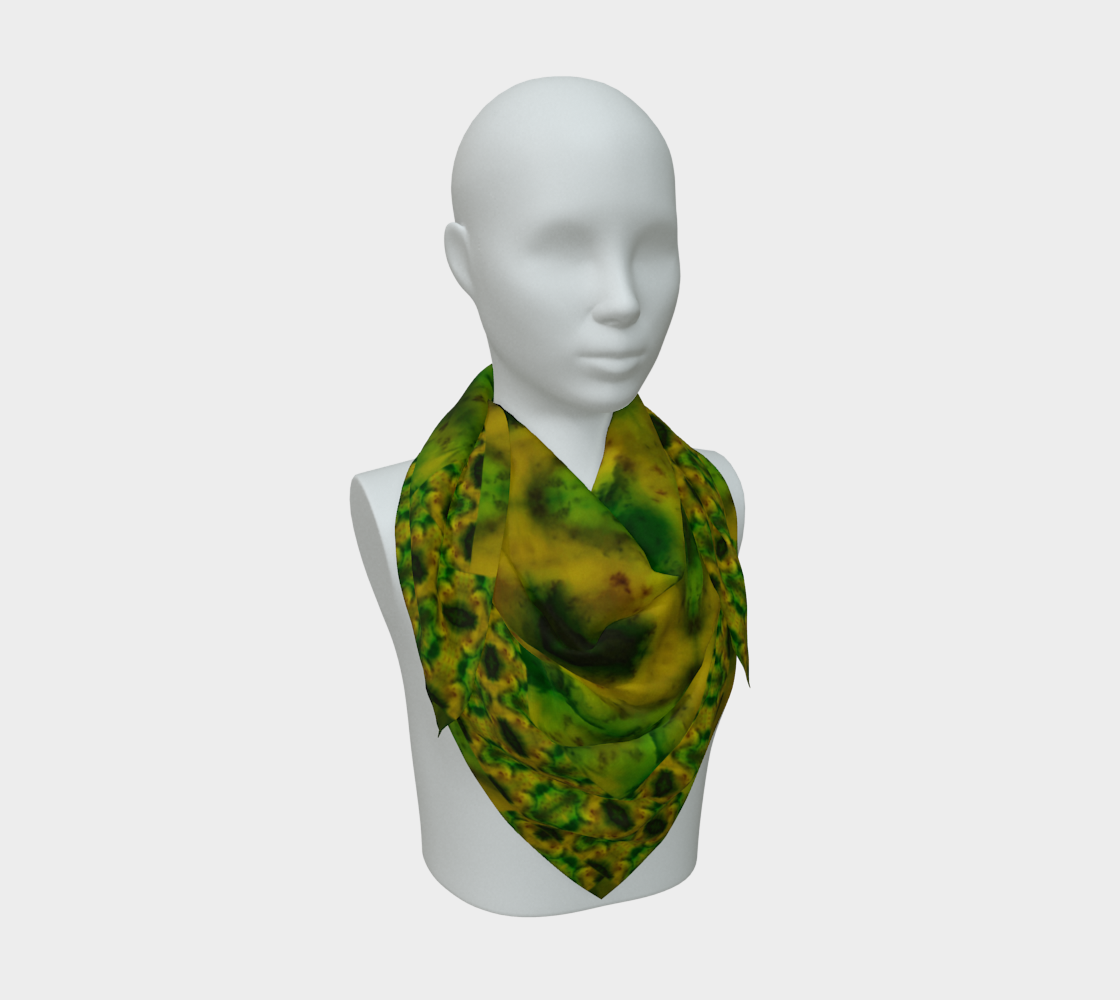 Yellow-gold and green Purely Jade Light silk art scarf draped on a mannequin, showing a rounded cellular mineral field by RJSTH.