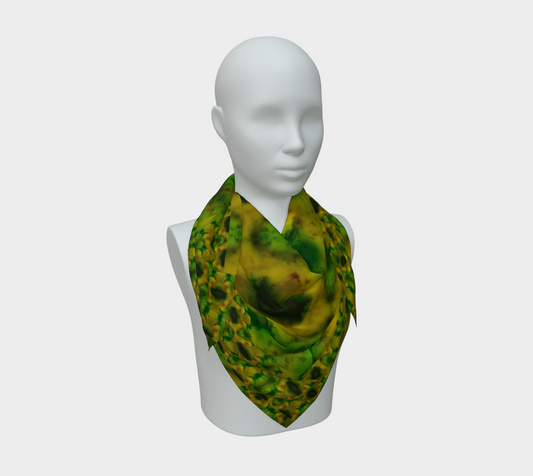 Yellow-gold and green Purely Jade Light silk art scarf draped on a mannequin, showing a rounded cellular mineral field by RJSTH.