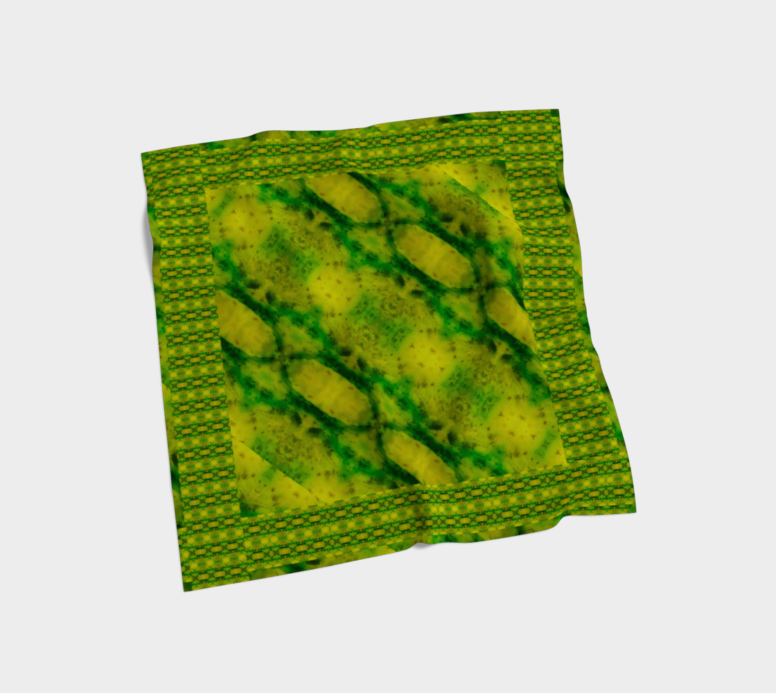 Yellow jade and vivid green Purely Jade Light silk art scarf laid flat, showing a framed diagonal central panel with patterned border by RJSTH.
