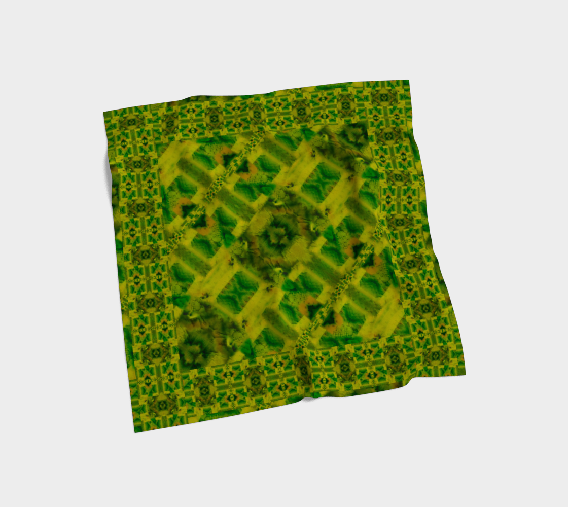 Yellow jade and green Purely Jade Light silk art scarf laid flat, showing a framed diagonal lattice-panel field by RJSTH.