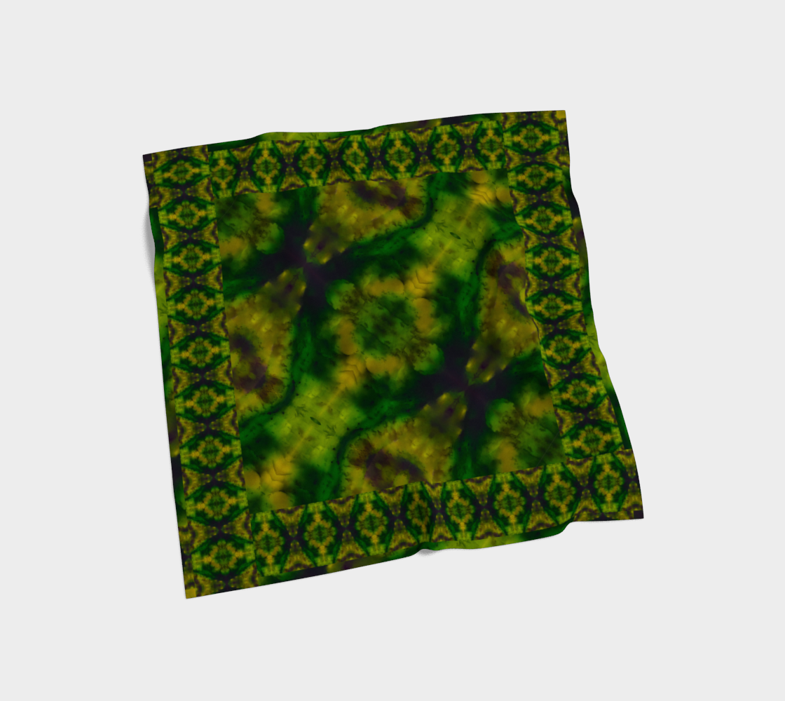 Yellow jade and green Purely Jade Light silk art scarf laid flat, showing a framed central medallion field with striped border by RJSTH.
