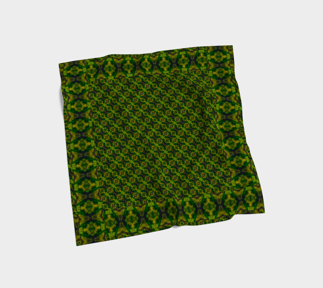 Green, yellow-gold, and muted violet Purely Jade Light silk art scarf laid flat, showing a framed medallion-grid field by RJSTH.