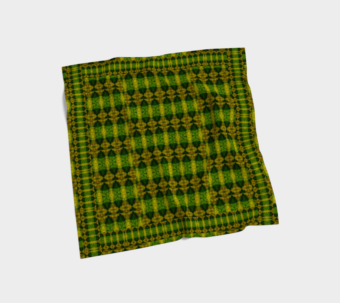 Green jade and yellow-gold Purely Jade Light silk art scarf laid flat, showing a framed checker-panel field by RJSTH.