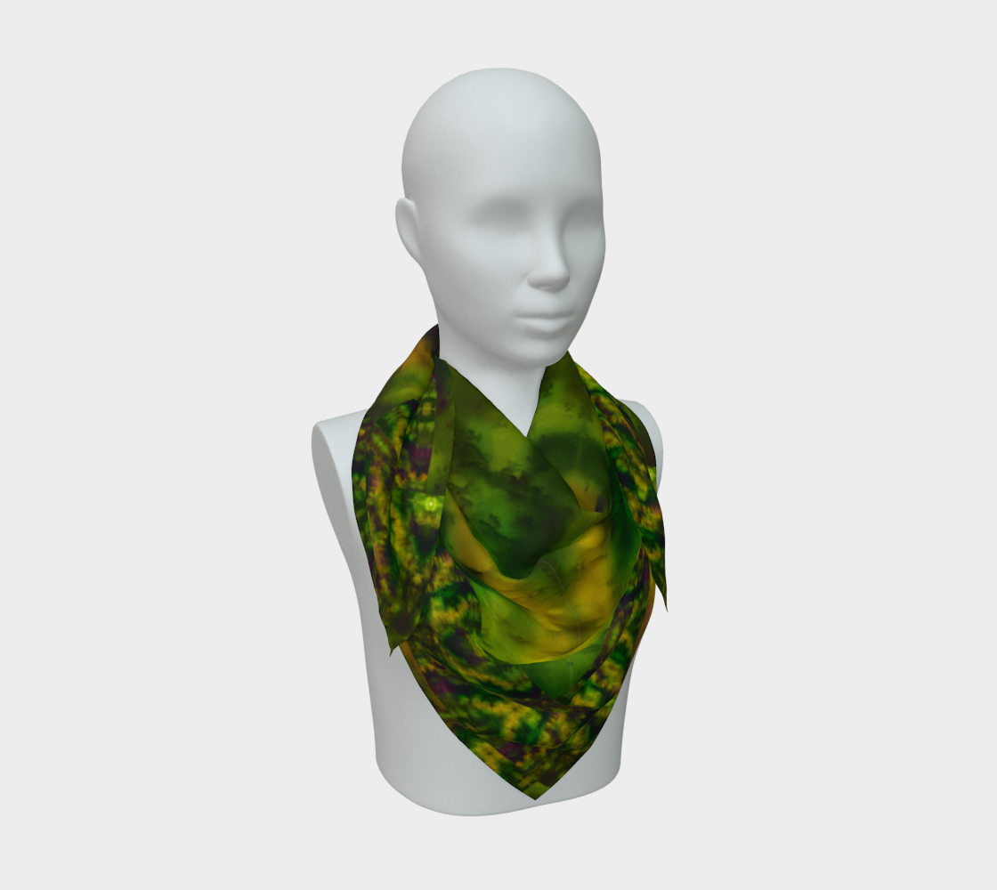 Deep green, yellow-gold, and muted violet Purely Jade Light silk art scarf draped on a mannequin, showing an inward layered mineral field by RJSTH.