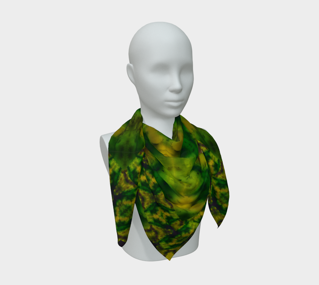 Yellow jade and green Purely Jade Light silk art scarf draped on a mannequin, showing a layered central mineral field by RJSTH.