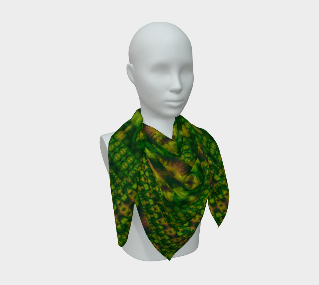 Deep green, yellow-gold, and muted violet Purely Jade Light silk art scarf draped on a mannequin, showing a denser patterned lattice field by RJSTH.