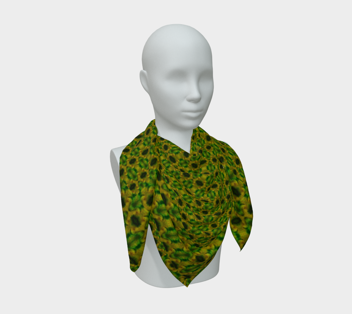 Green jade and yellow-gold Purely Jade Light silk art scarf draped on a mannequin, showing a denser cellular repeat field by RJSTH.