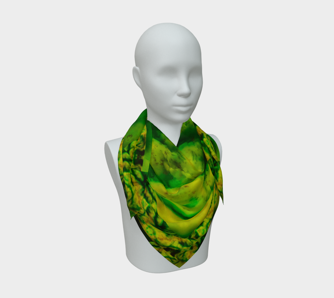 Bright green jade and gold Purely Jade Light silk art scarf draped on a mannequin, showing a broad mineral-panel field by RJSTH.