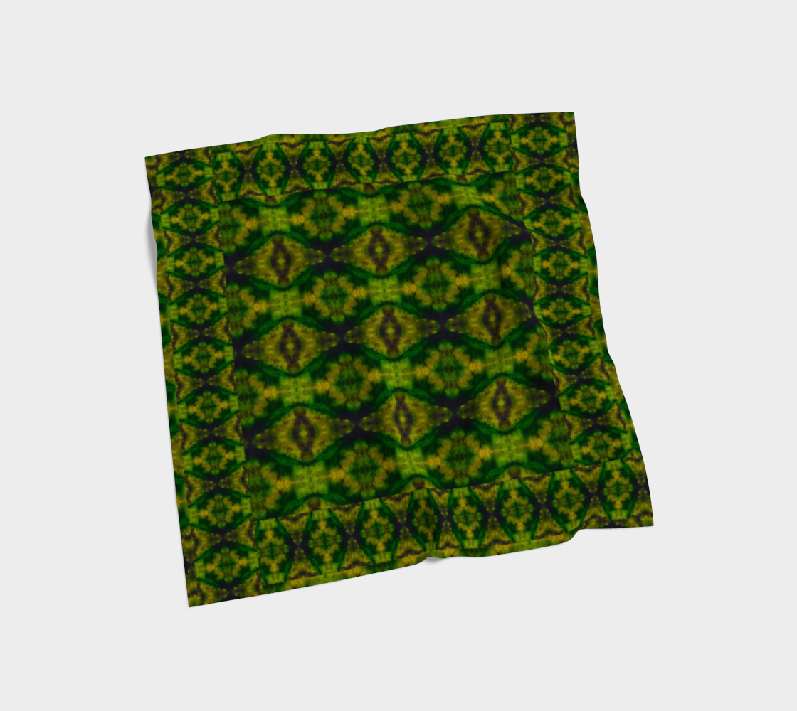Deep green, yellow-gold, and muted violet Purely Jade Light silk art scarf laid flat, showing a framed horizontal-banded field by RJSTH.