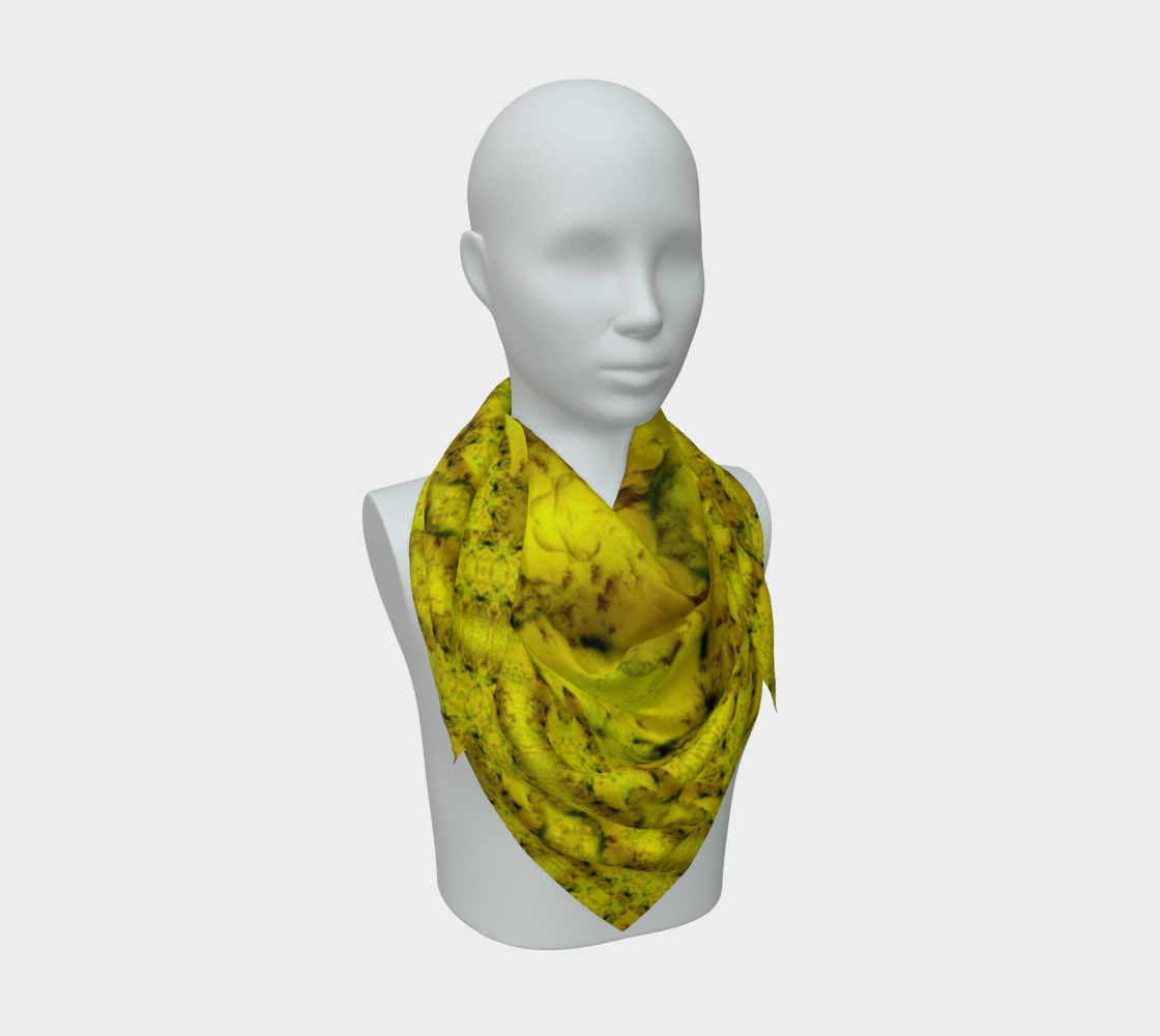 Bright yellow jade and olive-green Purely Jade Light silk art scarf draped on a mannequin, showing a luminous central mineral field by RJSTH.