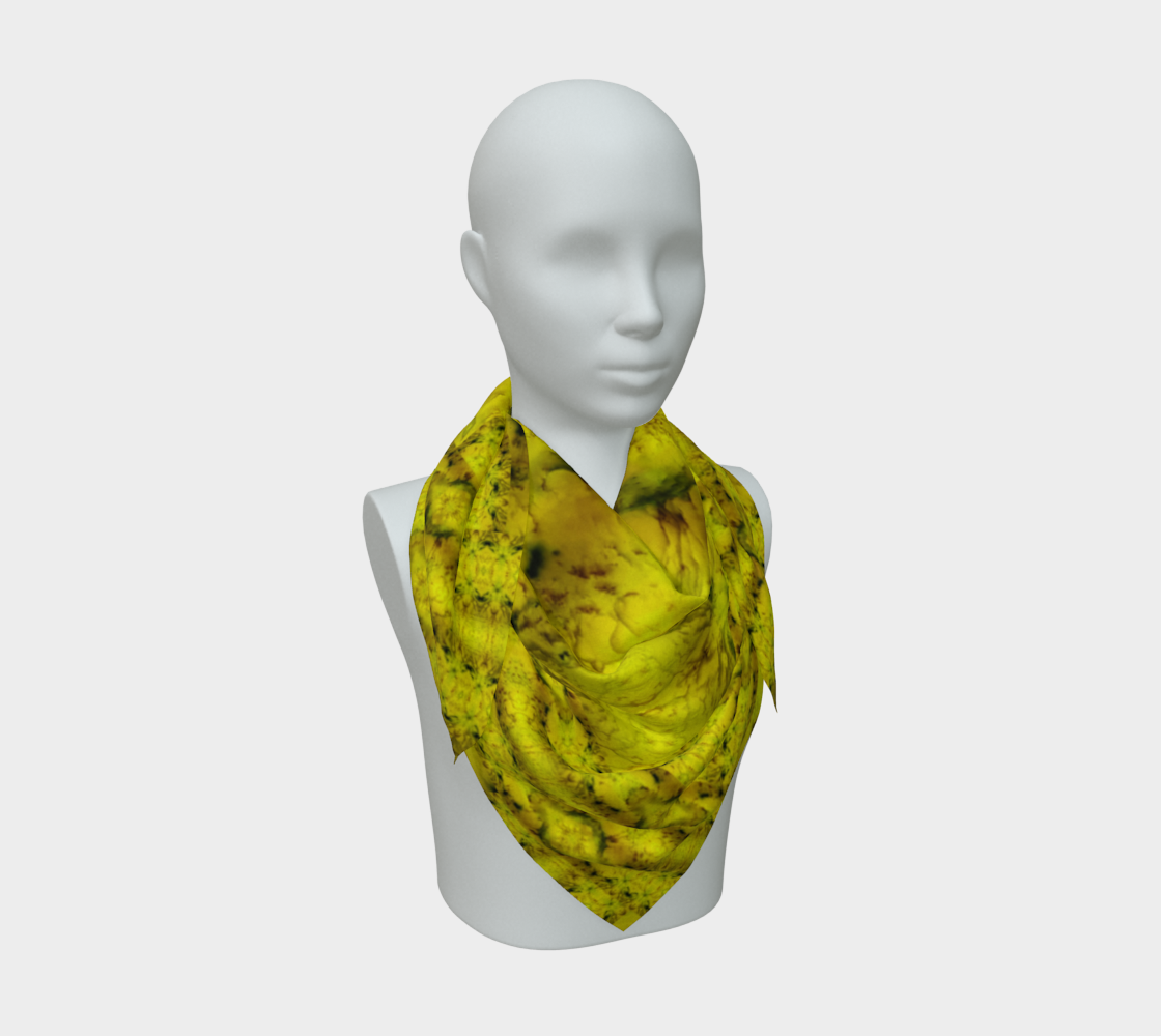 Bright yellow jade and olive-green Purely Jade Light silk art scarf draped on a mannequin, showing a luminous marbled mineral field by RJSTH.