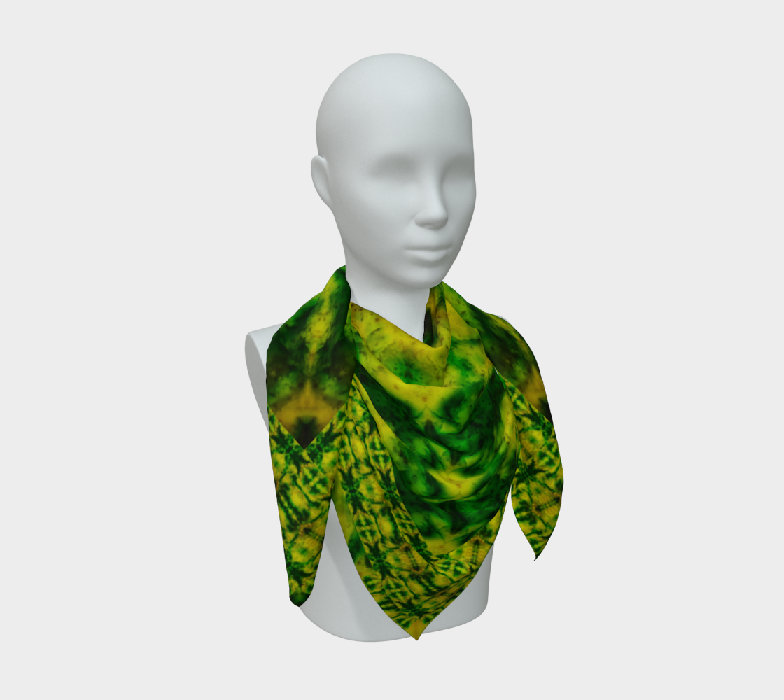 Bright yellow-green and green Purely Jade Light silk art scarf draped on a mannequin, showing a denser lattice-repeat field by RJSTH.