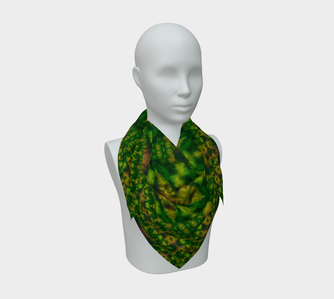 Deep green, yellow-gold, and muted violet Purely Jade Light silk art scarf draped on a mannequin, showing an inward patterned mineral field by RJSTH.