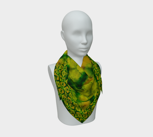 Yellow-green and green Purely Jade Light silk art scarf draped on a mannequin, showing a soft central medallion field by RJSTH.