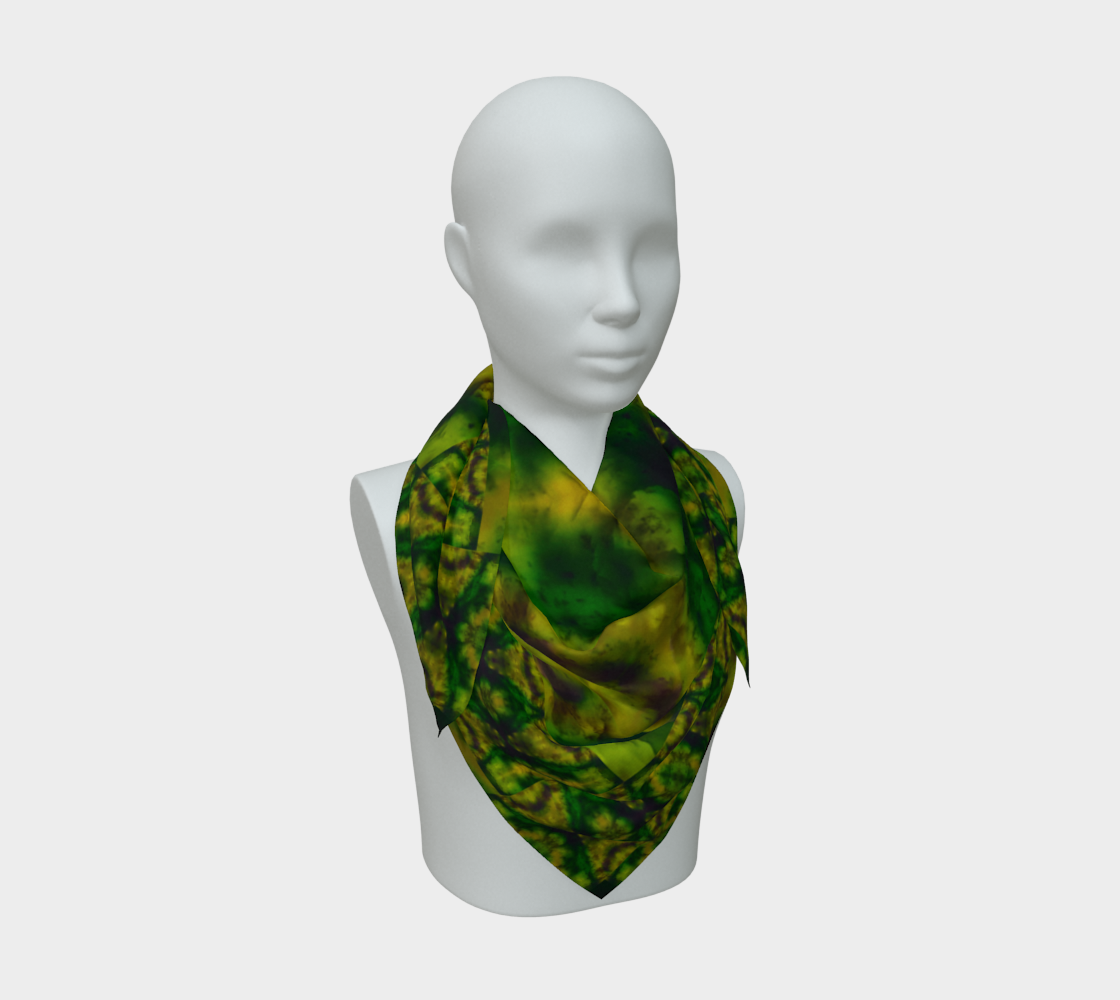 Deep green jade and gold Purely Jade Light silk art scarf draped on a mannequin, showing a chambered mineral field by RJSTH.