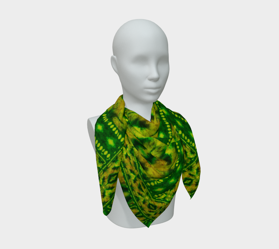 Yellow-gold and vivid green Purely Jade Light silk art scarf draped on a mannequin, showing a layered central mineral field by RJSTH.