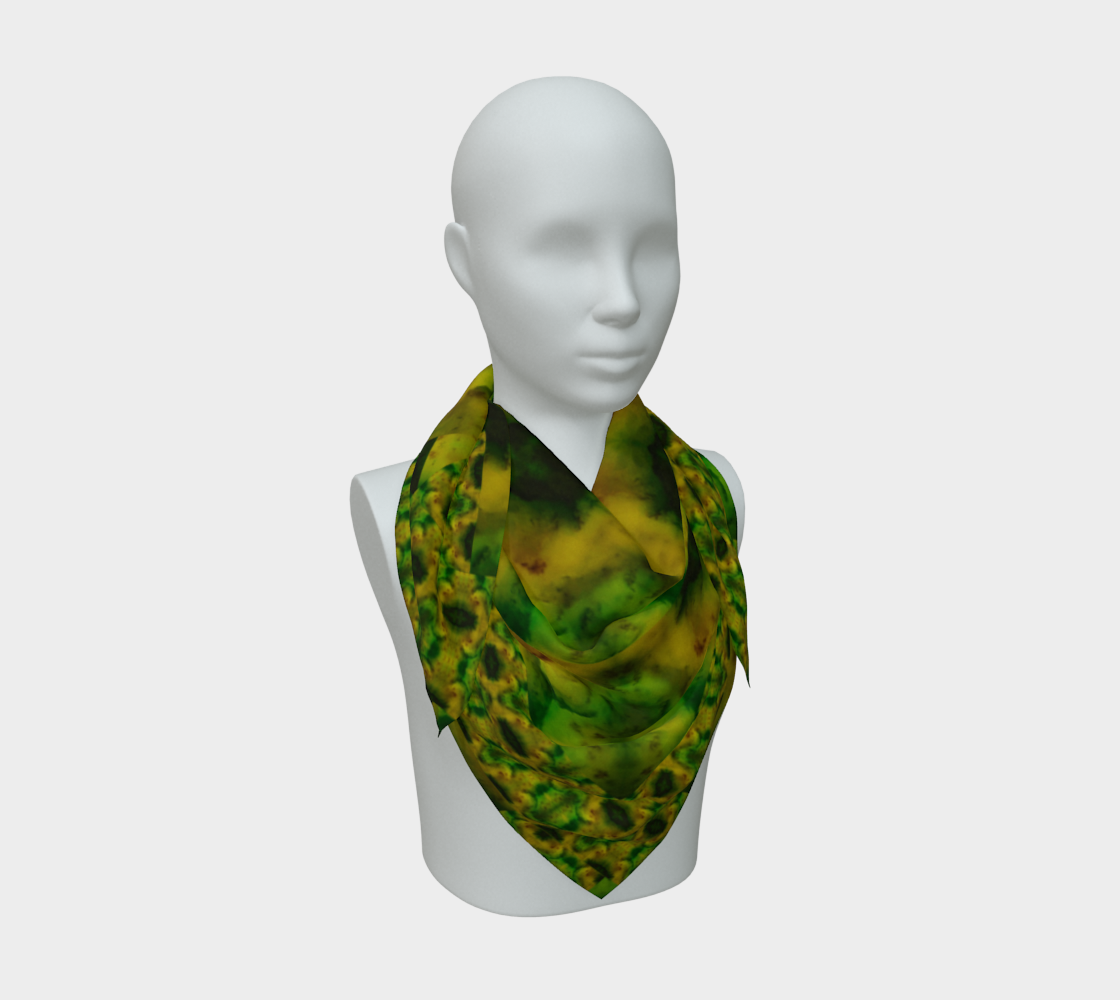 Yellow-gold and green Purely Jade Light silk art scarf draped on a mannequin, showing a faceted mineral field by RJSTH.