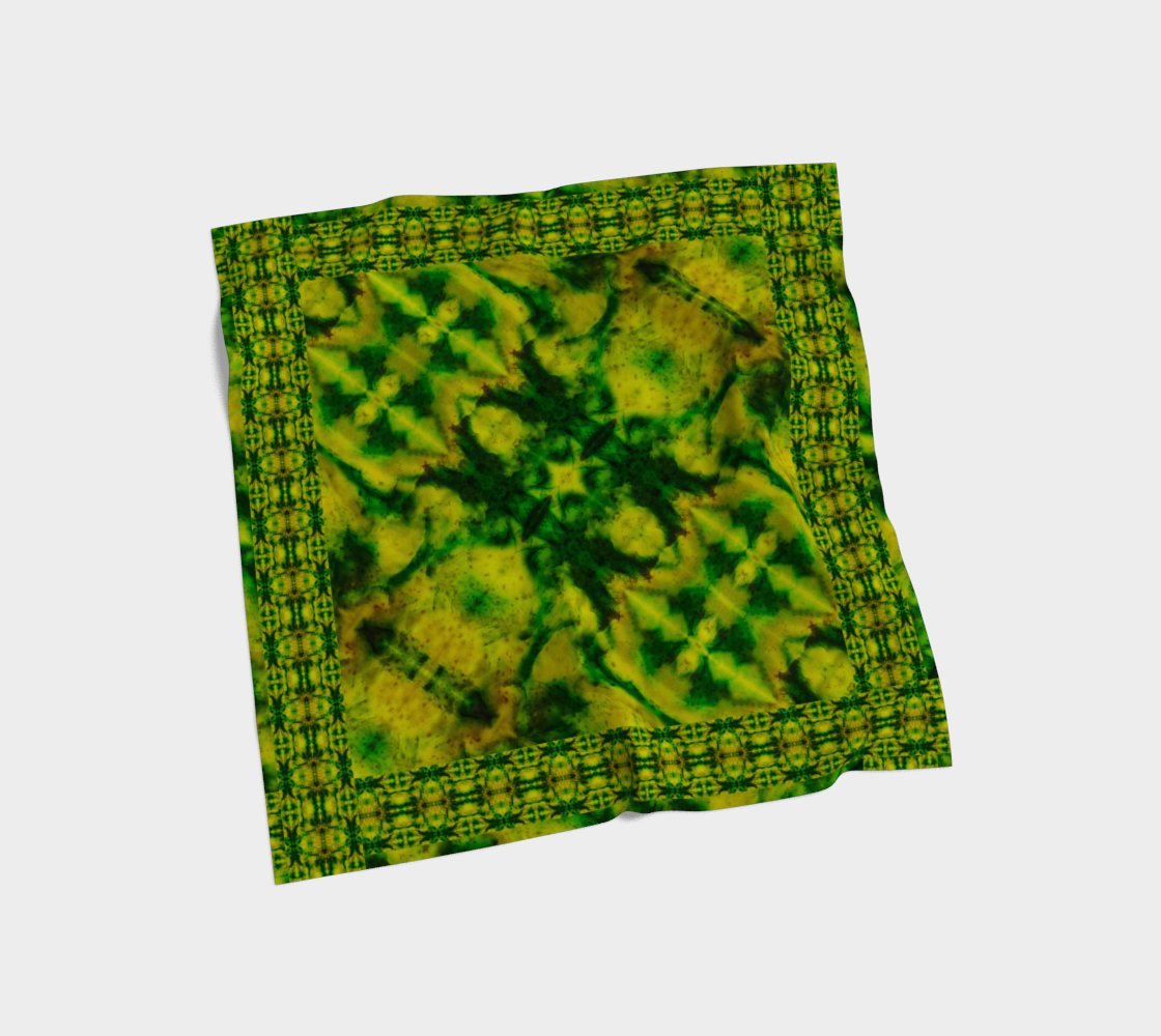 Yellow jade and vivid green Purely Jade Light silk art scarf laid flat, showing a framed central medallion panel with patterned border by RJSTH.
