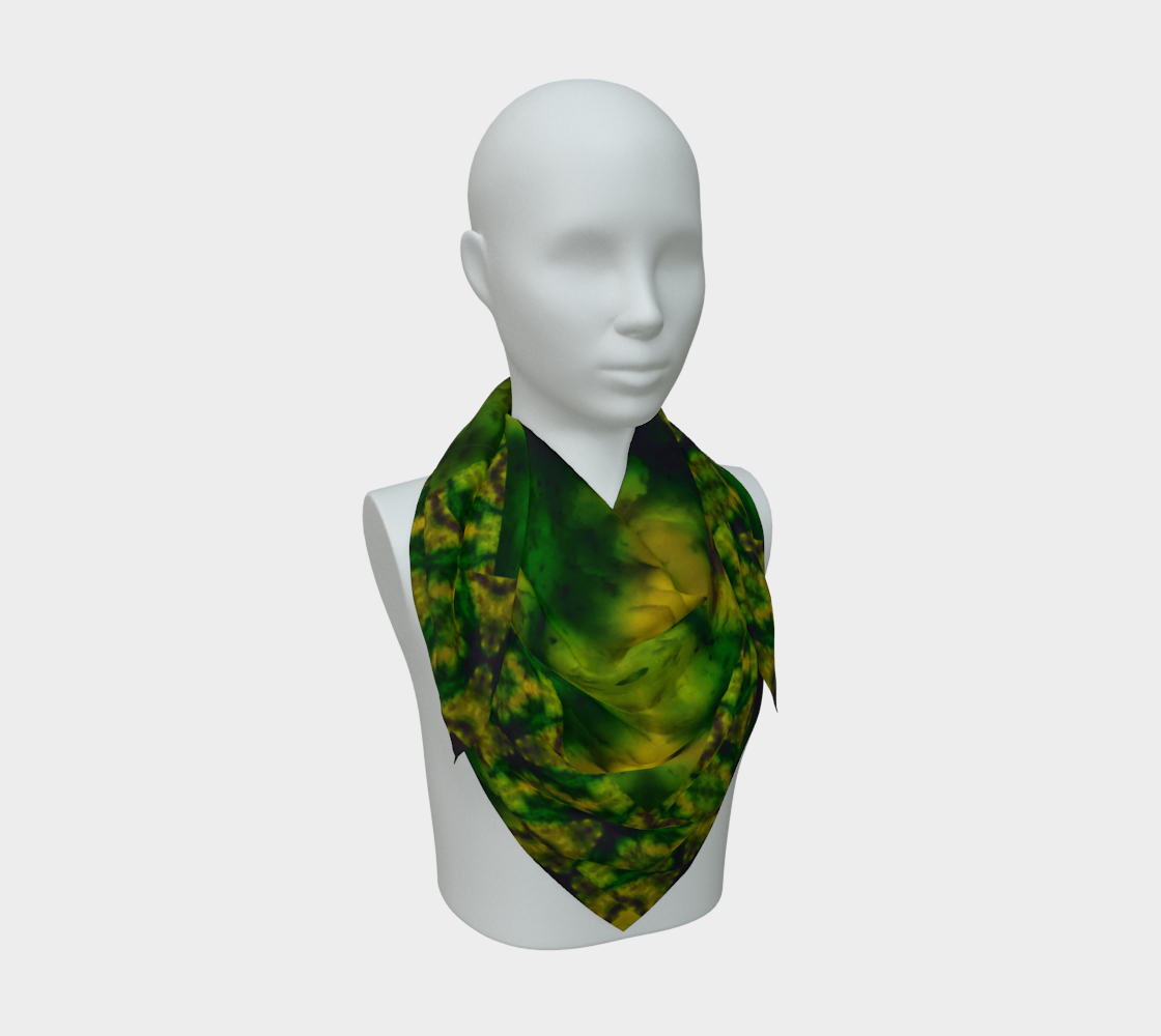 Yellow jade and green Purely Jade Light silk art scarf draped on a mannequin, showing a soft central mineral field by RJSTH.